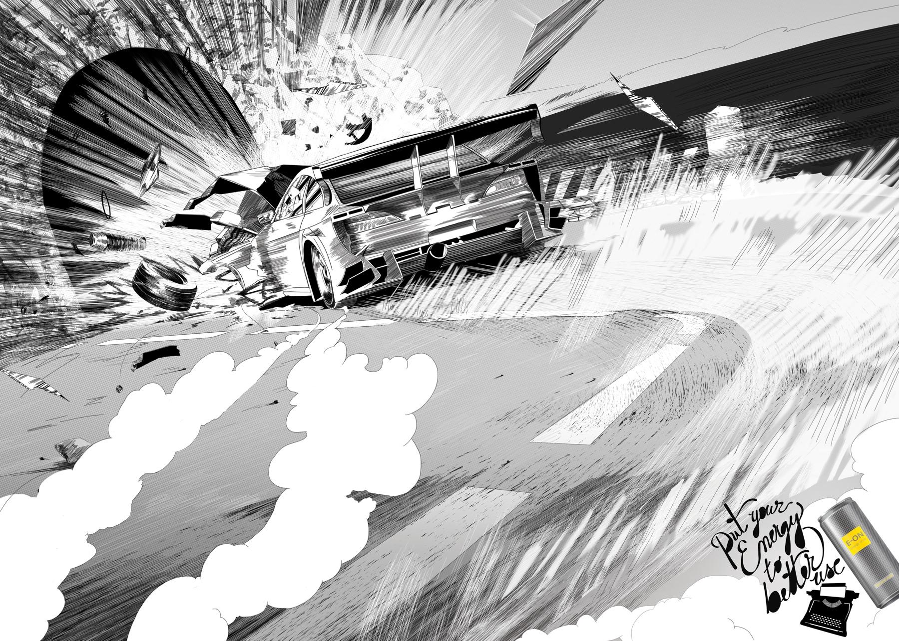 EON energy drink Print Advert By Geometry Global Crash Boom Bang, Car