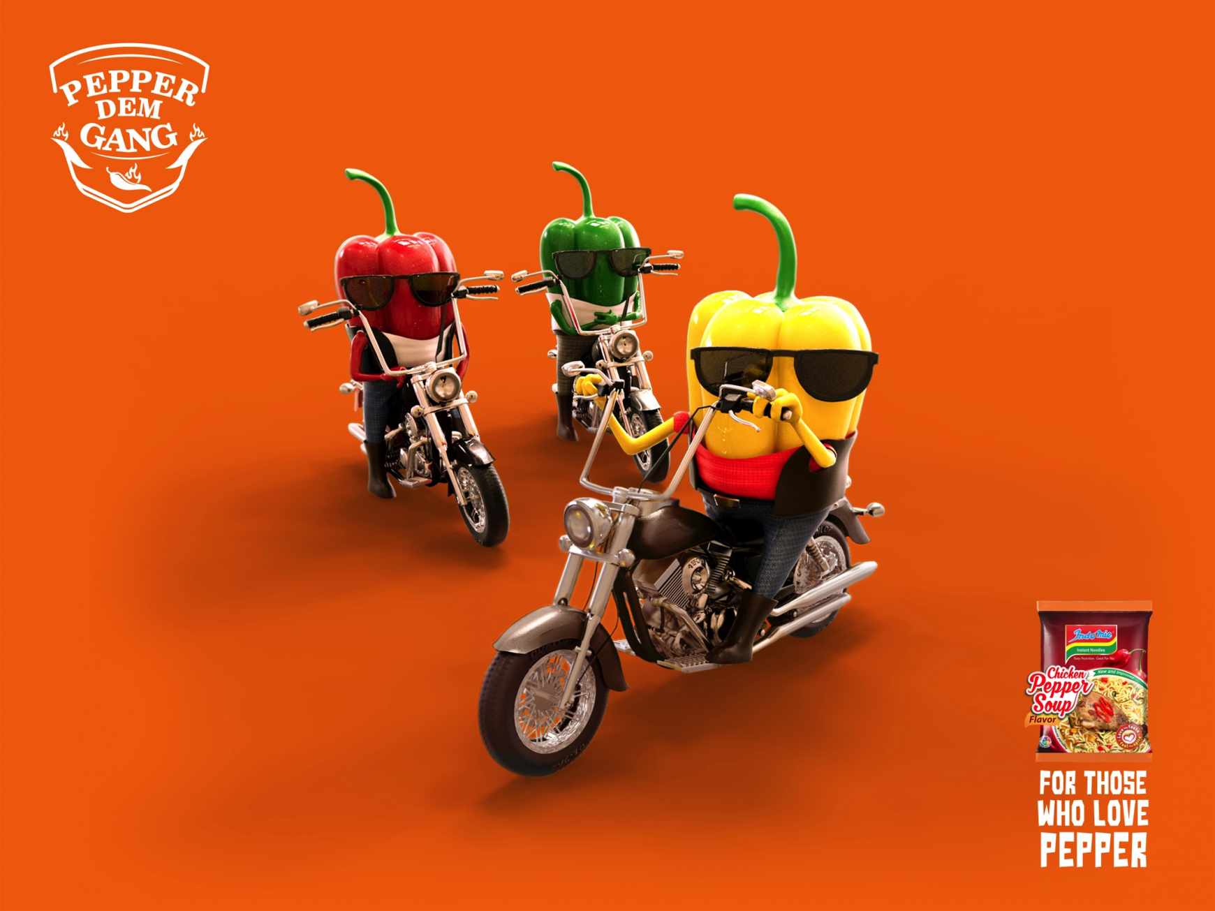 Advertisement by Noah's Ark Creative, Nigeria Indomie Noodles Print Ad - Pepper Dem Bikers