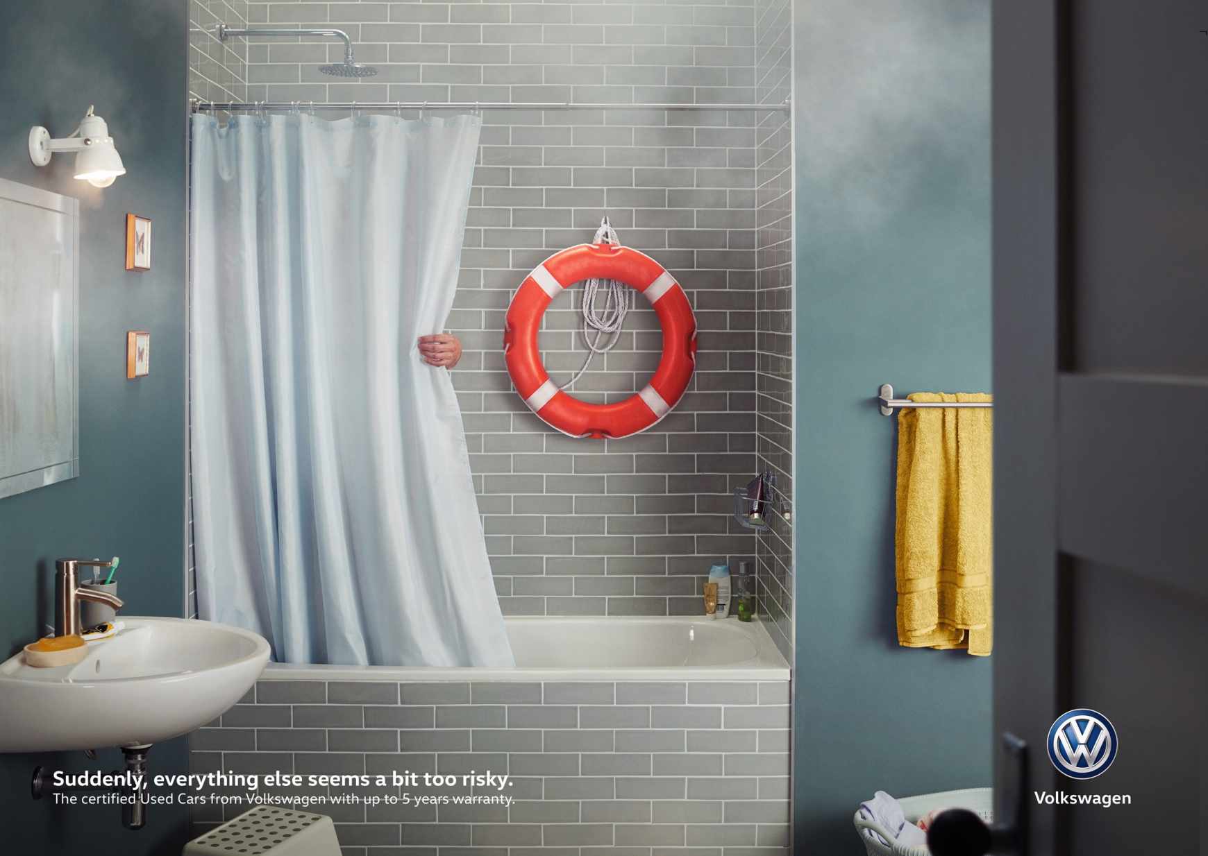 Advertisement by DDB, Germany Volkswagen Print Ad - A Bit Too Risky - Shower